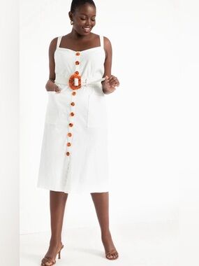 NWT Eloquii White Button Front Midi Dress Belted Tortoise Buckle Pockets Size 18